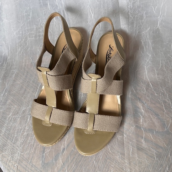 Lucky Brand Cork Wedge Heel Espadrilles Sandals T-strap Stretch Slingback 9.5 - Picture 8 of 17